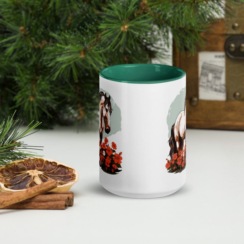 White Ceramic Mug with Color Inside, 11&amp;15oz, Brown horse in field of red flowers, n4w2fj