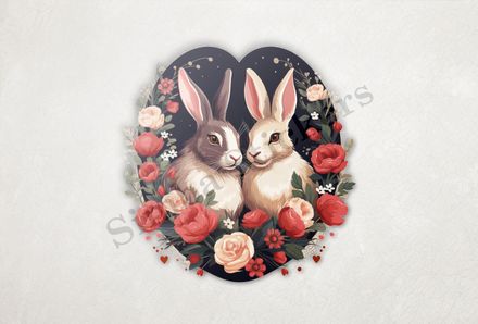 Rabbits in love amongst flowers, black background