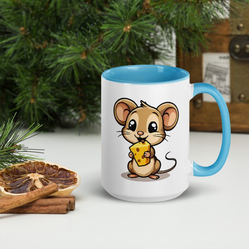 White Ceramic Mug with Color Inside,11&amp;15oz,Small Mouse happily licking large chunk of cheese,pqapy6