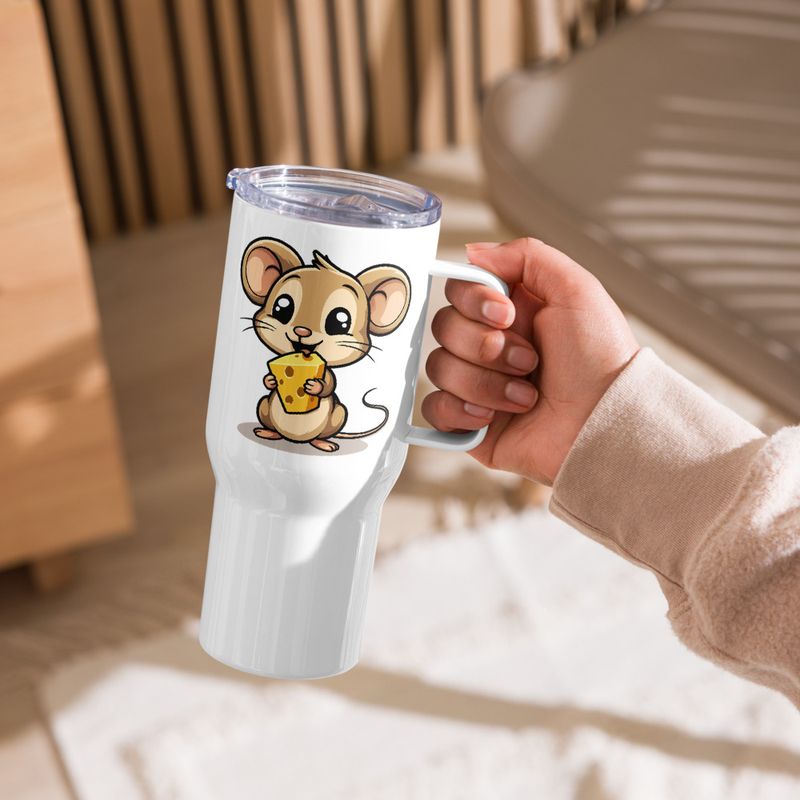 Travel Mug, Cattle, Small Mouse happily licking large chunk of cheese, pqapy6