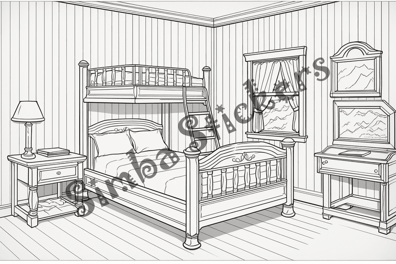 Colouring pages, bundle of house bedrooms, 25 images