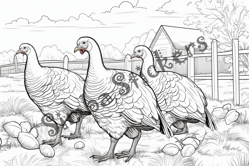 Colouring pages, bundle of turkeys on a farm, 10 images