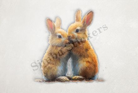 Bunnies in love,  nose-to-nose, arm-to-arm, watercolour