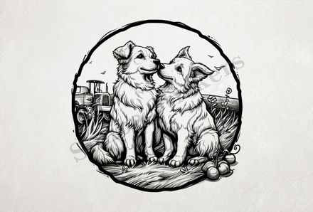 Dogs in love in front of a tractor on a farm, outline art