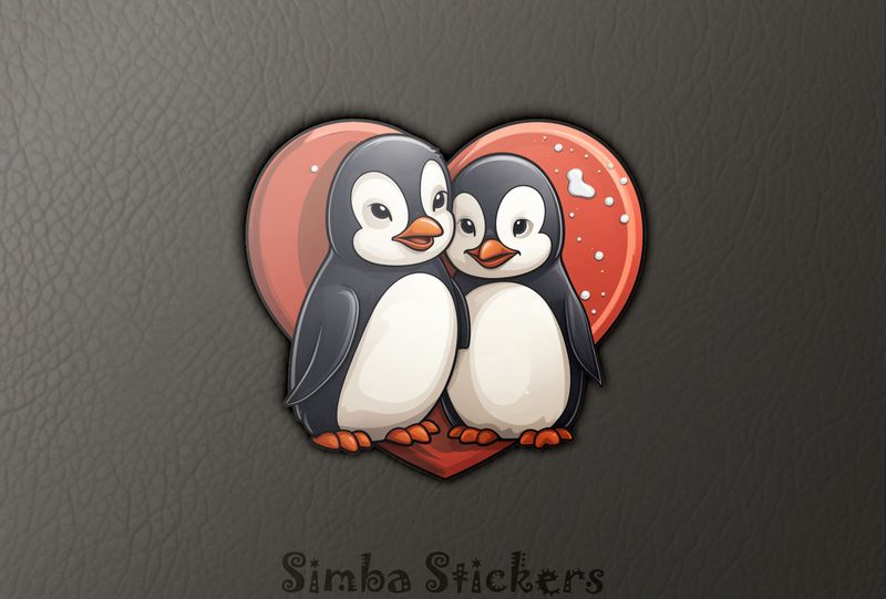 Penguins cheek-to-cheek smiling with romantic Valentine&#x27;s heart, xkk7ri