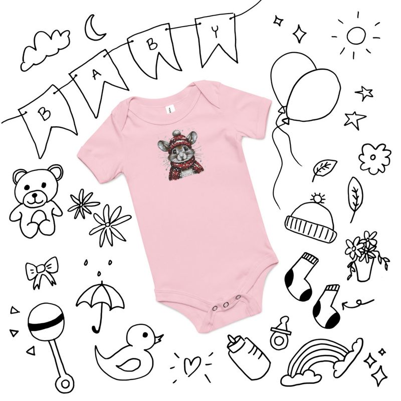 Embroidered Baby Short Sleeve One Piece, Mouse wearing red winter hat and scarf in the snow, xg8dl3
