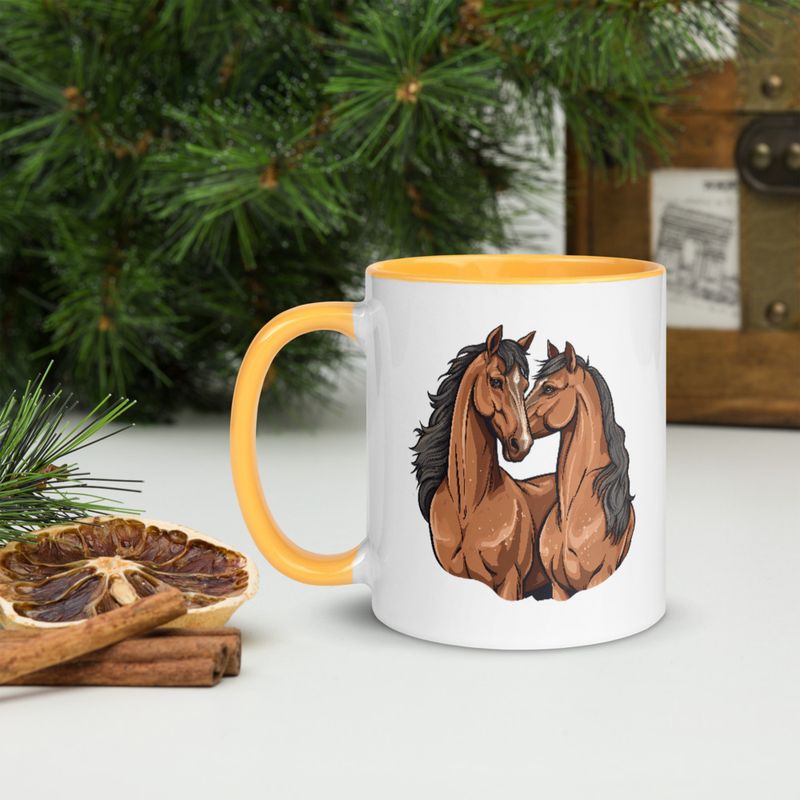White Ceramic Mug with Color Inside, 11&amp;15oz, Two brown horses snuggling, tdwcyd