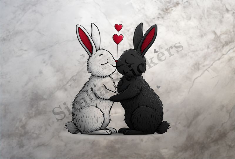 Bunnies in love, nose-to-nose, one black, one white, outline art