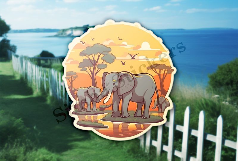 African elephant family at a pond in the Savanna