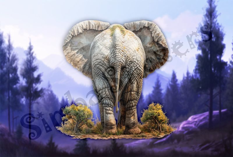 Elephant walking away, ears wide open, from behind