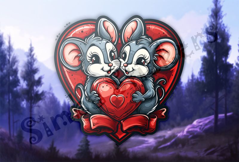 Mice in happily holding onto Valentine&#x27;s heart, inside larger heart