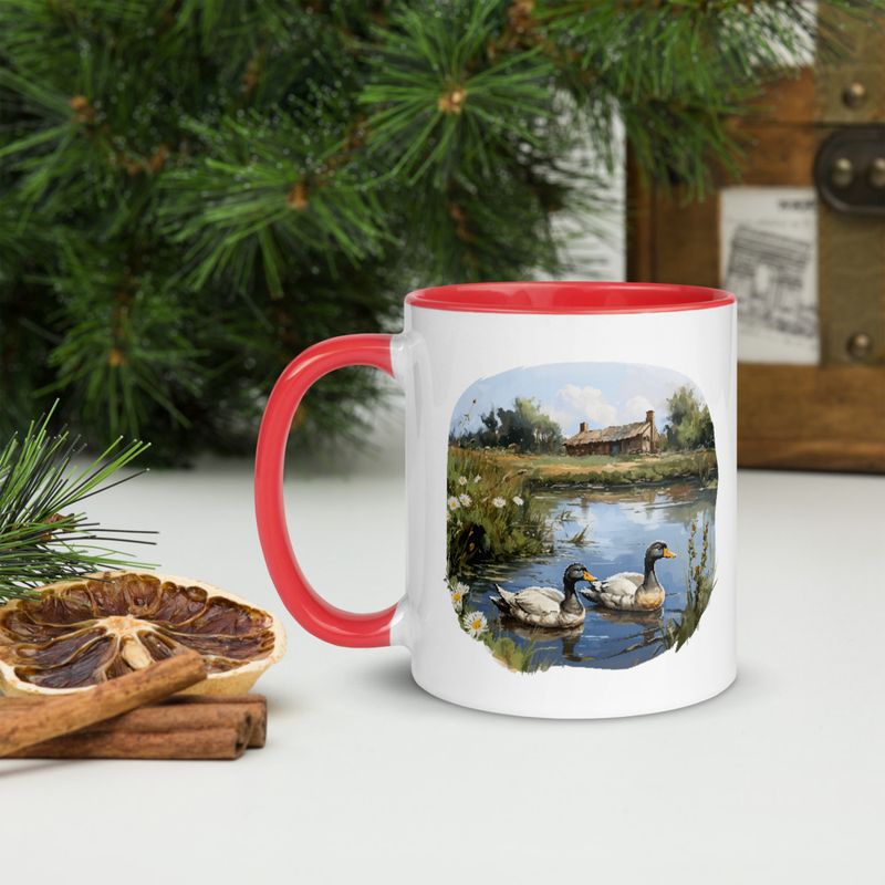 White Ceramic Mug with Color Inside, 11 &amp;15oz, Ducks in love swimming in farmhouse pond 