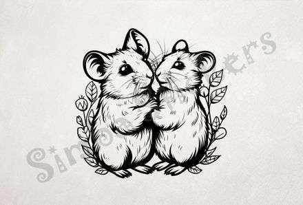 Mice in warm leafy embrace,  outline art