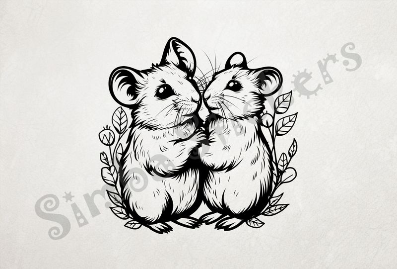 Mice in warm leafy embrace,  outline art