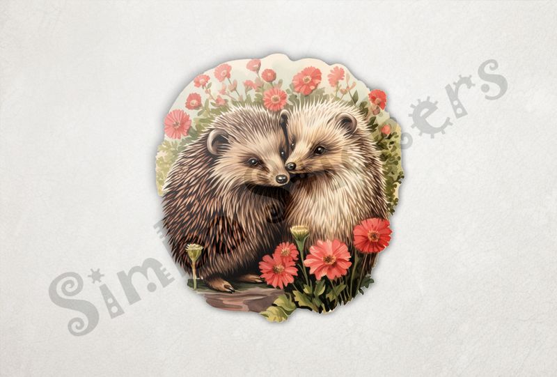 Porcupines in love cheek-to-cheek in love with flowers all around, watercolour