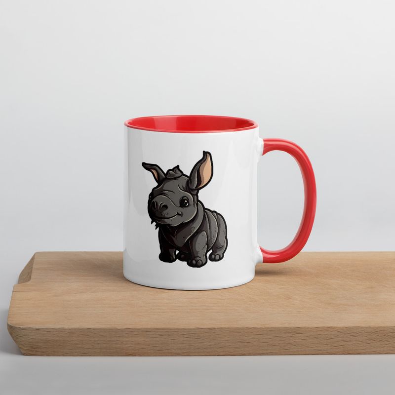 White Ceramic Mug with Color Inside, 11oz &amp; 15oz, Black rhino calf looking cute 