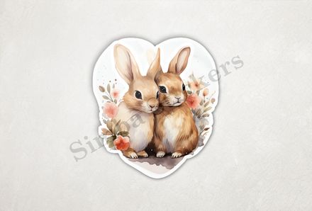 Rabbits in love amongst flowers, white background