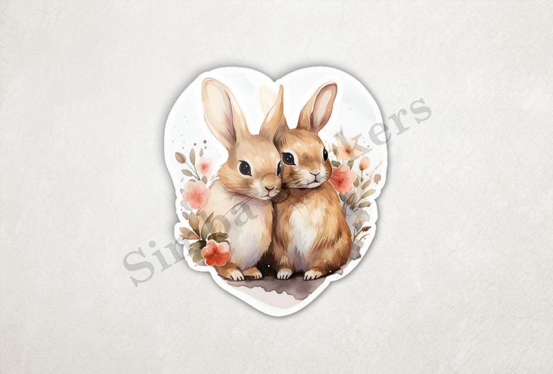 Rabbits in love amongst flowers, white background