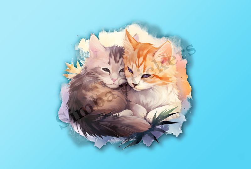 Cats cuddling, watercolour