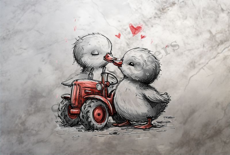 Two ducklings kissing over farmer&#x27;s tractor, outline art