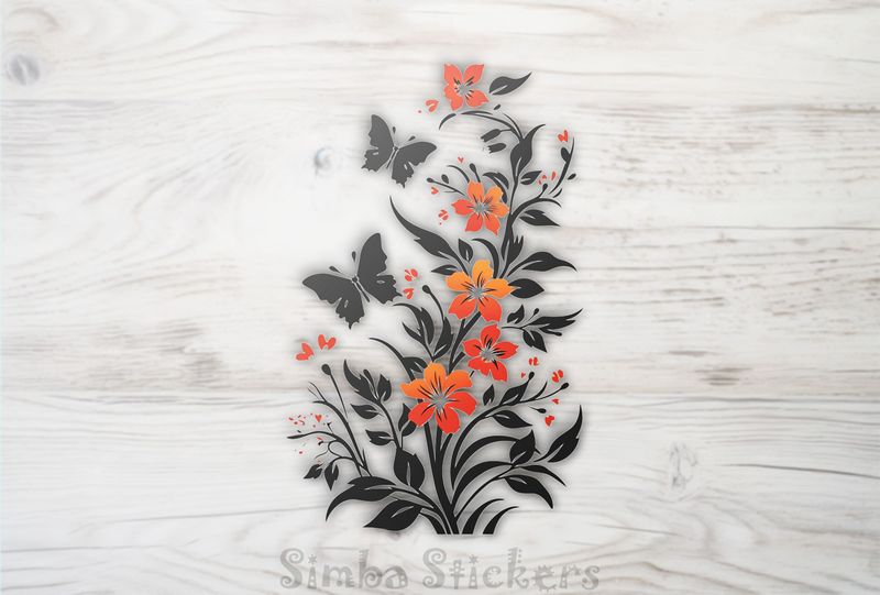 Black butterfly among orange flowers, outline art, mtipdr