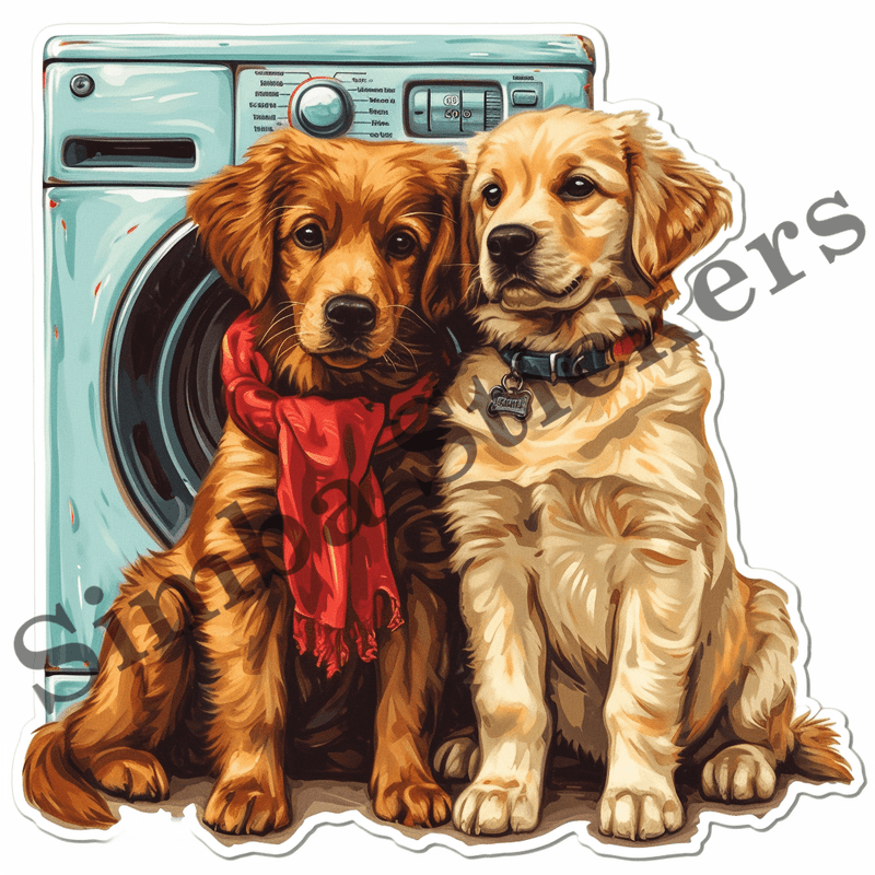 Dogs cuddling by washing machine, image set, 10 images