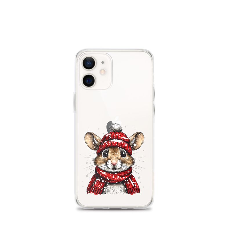 Clear Case for iPhone, Mouse wearing red winter hat and scarf in the snow, xg8dl3