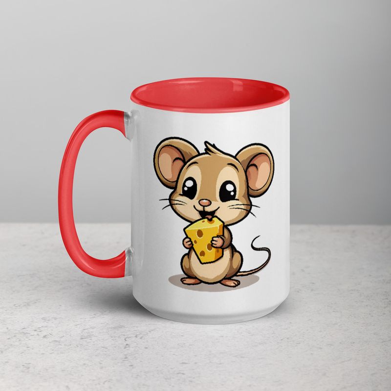 White Ceramic Mug with Color Inside,11&amp;15oz,Small Mouse happily licking large chunk of cheese,pqapy6