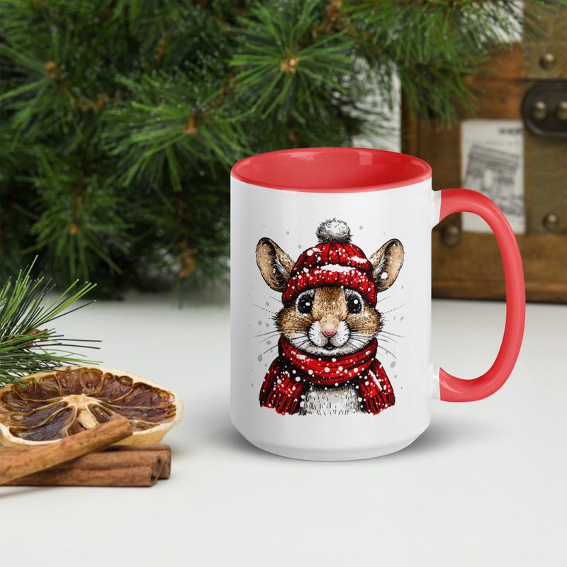 White Ceramic Mug with Color Inside, 11&amp;15oz, Mouse wearing red winter hat and scarf in snow, xg8dl3
