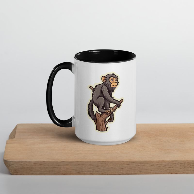 White Ceramic Mug with Color Inside, 11oz &amp; 15oz, Baboon on a tree, looking sad, head-to-head