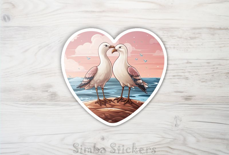 Seagulls in love in pinkish sunset inside Valentine&#x27;s heart, rvjzrm