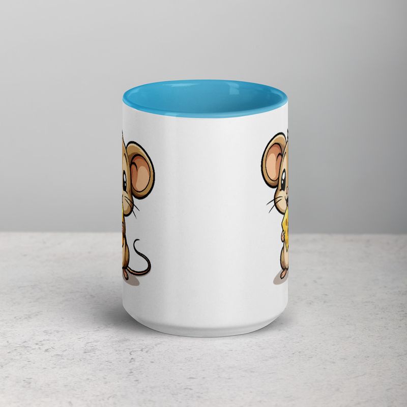 White Ceramic Mug with Color Inside,11&amp;15oz,Small Mouse happily licking large chunk of cheese,pqapy6