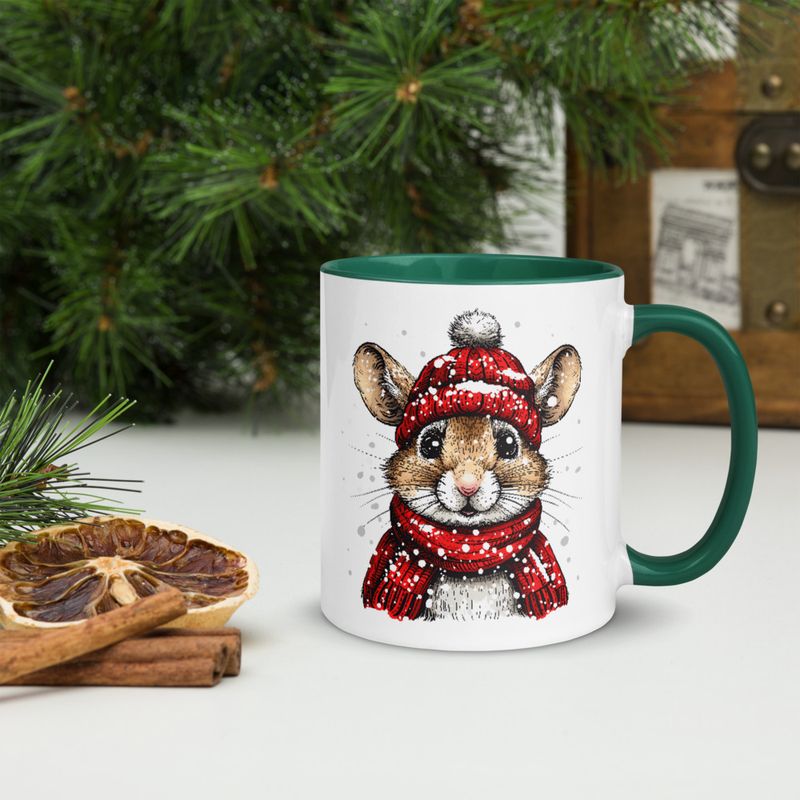 White Ceramic Mug with Color Inside, 11&amp;15oz, Mouse wearing red winter hat and scarf in snow, xg8dl3