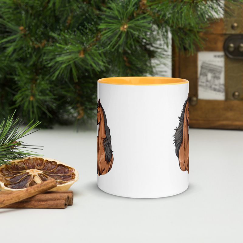 White Ceramic Mug with Color Inside, 11&amp;15oz, Two brown horses snuggling, tdwcyd