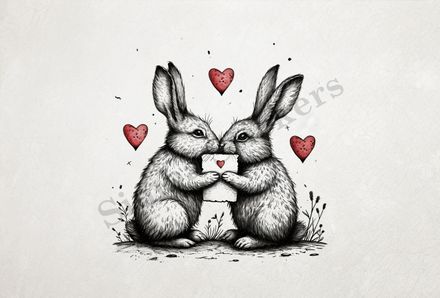 Bunnies in love, nose-to-nose, hearts in air, holding up note, outline art