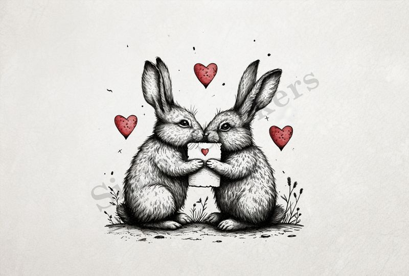 Bunnies in love, nose-to-nose, hearts in air, holding up note, outline art
