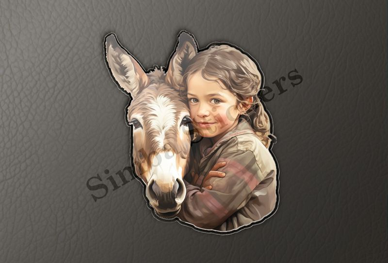 Donkey hugged by small child of European origin