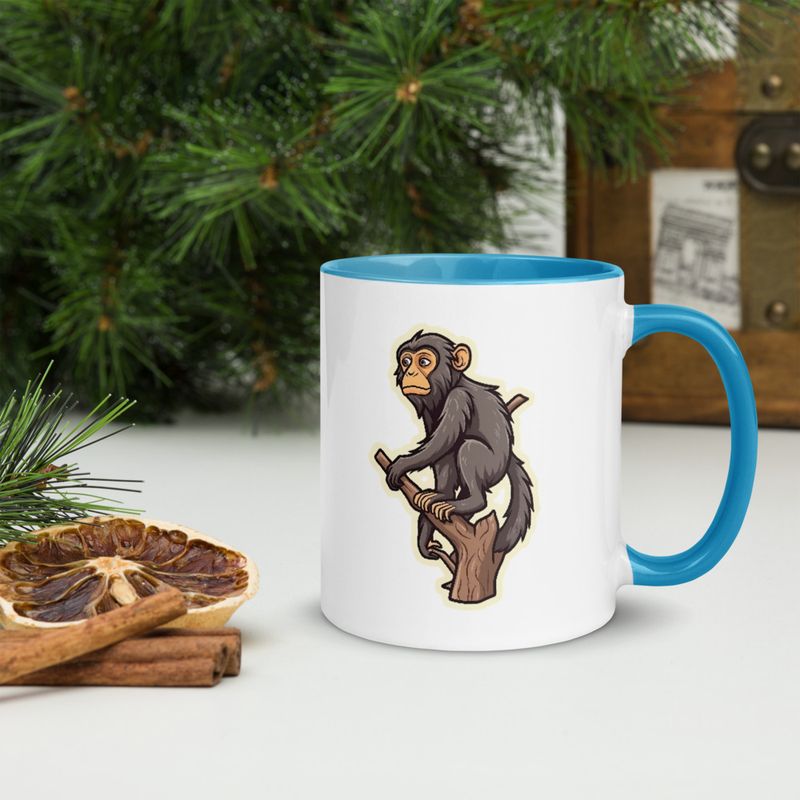 White Ceramic Mug with Color Inside, 11oz &amp; 15oz, Baboon on a tree, looking sad, head-to-head