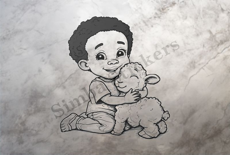 Lamb being hugged by small boy of African origin, outline art