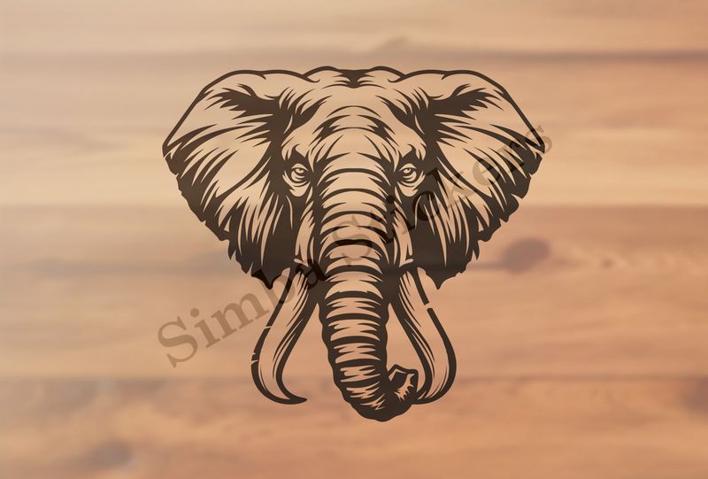 Elephant, face with large trunk and tusks, outline art