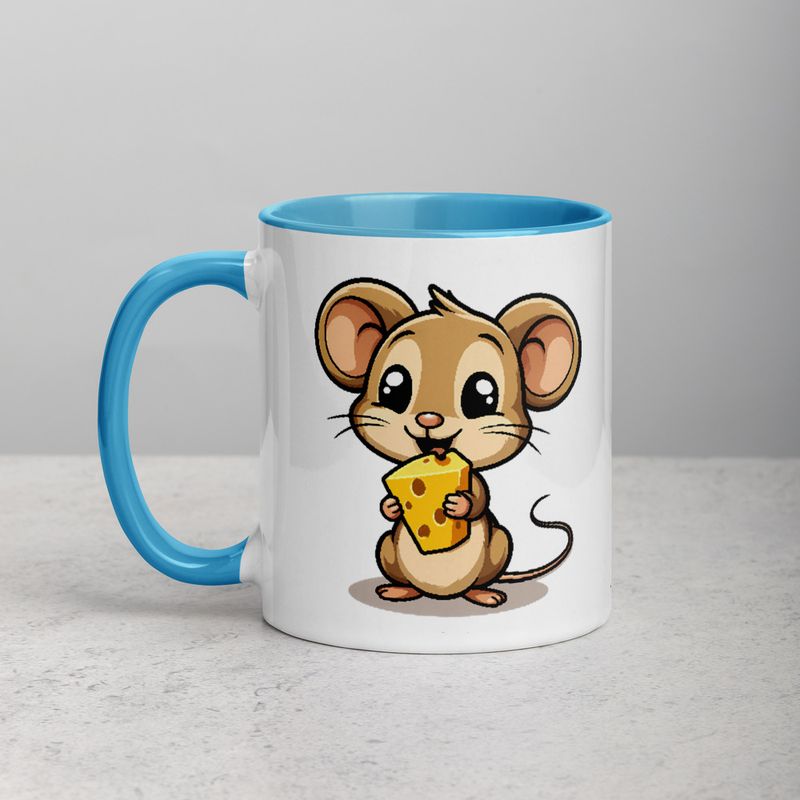 White Ceramic Mug with Color Inside,11&amp;15oz,Small Mouse happily licking large chunk of cheese,pqapy6