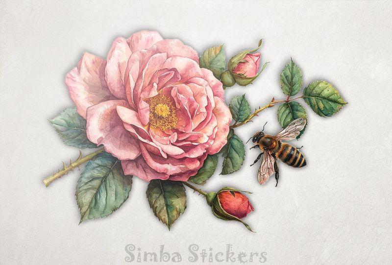 Bee buzzing around a rose flower