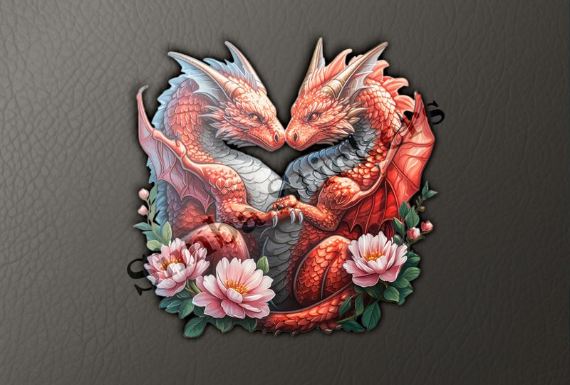 Red dragons in love, pink flowers, watercolour