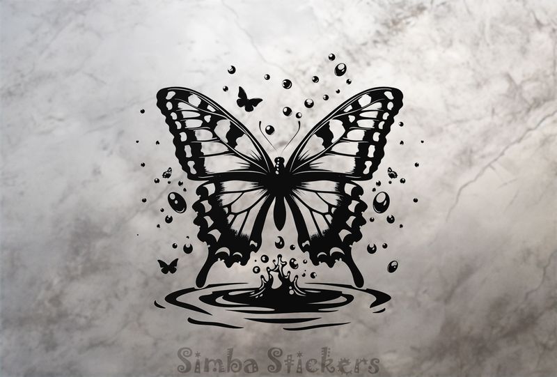 Butterfly floating above a river and making a splash, outline art, l4vw2l