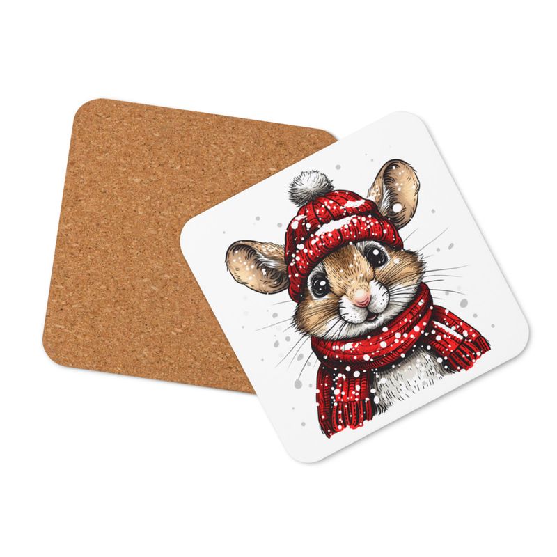 Cork-Back Coaster, Mouse wearing red winter hat and scarf in the snow, xg8dl3
