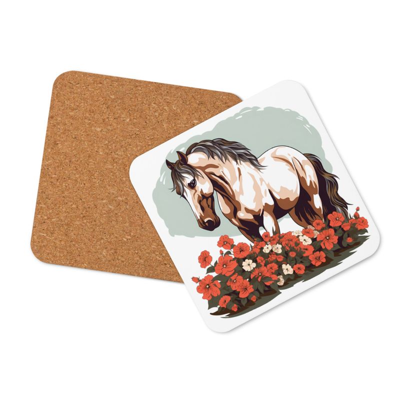 Cork-Back Coaster, Brown horse in field of red flowers, n4w2fj, mirrored