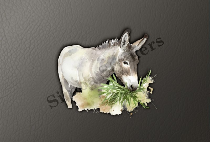 Donkey eating grass, watercolour