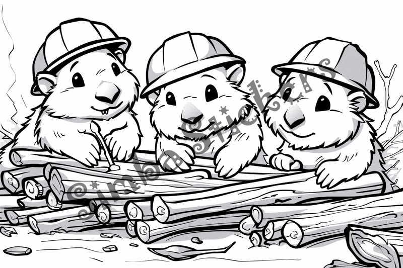 Colouring pages, bundle of beavers building in hard hat, 10 images