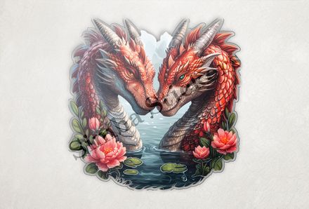 Red dragons in love, in the water