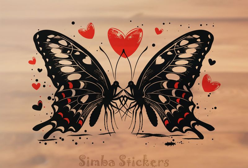 Butterflies in love touching, Valentine&#x27;s hearts above, outline art, njrsnk